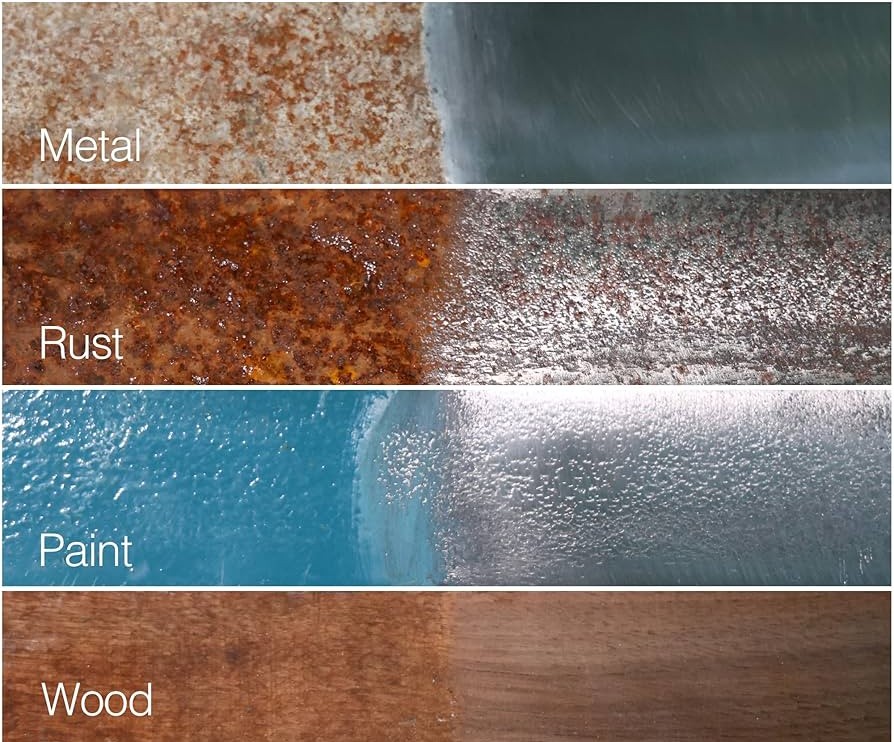 Before and after results showing rust and contamination removed from metal